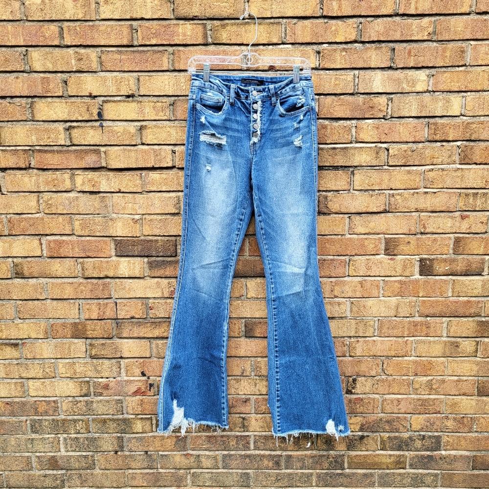 Flying Monkey High Rise Flare Distressed Button Fly jeans